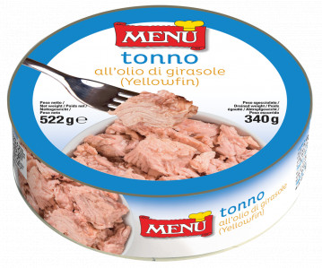 Atún claro  en aceite de girasol (Tonno Yellowfin all'olio di girasole) Lata 522 g peso neto (escurrido 340 g)