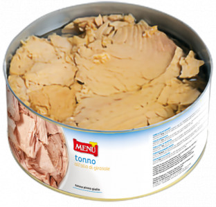 Tonno Yellowfin in olio di girasole(Thon Yellowfin  à l'huile de tournesol) Boîte 1730 g poids net Égouttés 1350 g