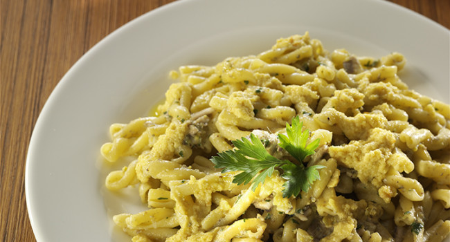 Casarecce pasta with anchovies, pistacchio and citrus pesto
