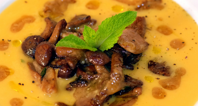 Pumpkin and Coconut  Soup with Walnuts and Mushrooms