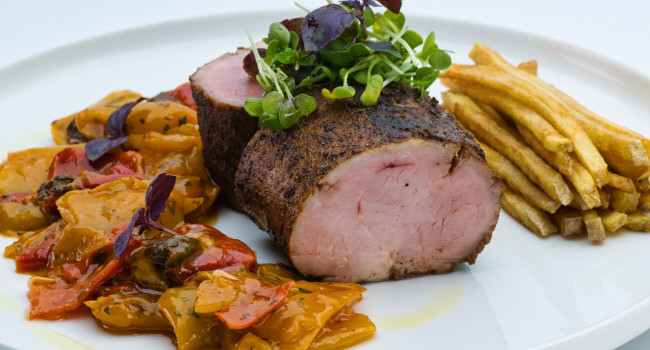 CAJUN PORK FILLET WITH PEPERONATA AND HOME MADE FRIES