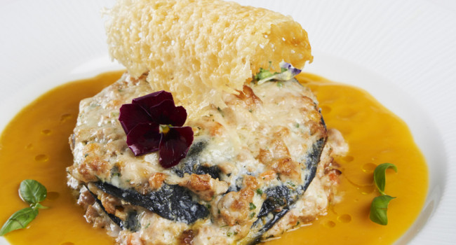 CHARCOAL LASAGNA WITH ÈRAGÙBIANCO, YELLOW  DATTERINI TOMATOES VELOUTÉ AND PAMIGIANO CHIPS