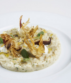 RISOTTO WITH ARTICHOKE, GOAT CHEESE MOUSSE,  ARTICHOKE CHIPS AND CRISPY GOOSE BREAST
