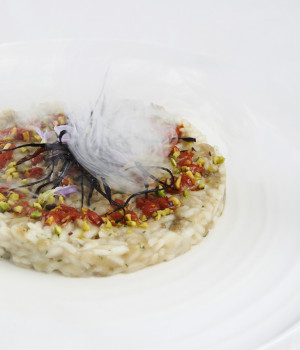 RISOTTO WITH SMOKED EGGPLANT, CALABRIAN  ‘NDUJA SAUCE AND CHOPPED PISTACHIO