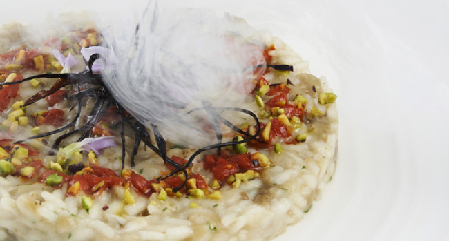 RISOTTO WITH SMOKED EGGPLANT, CALABRIAN  ‘NDUJA SAUCE AND CHOPPED PISTACHIO
