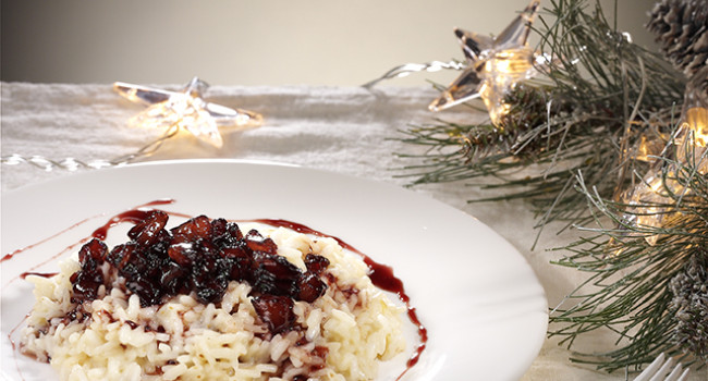 Risotto with pears, fossa di sogliano cheese and red wine reduction