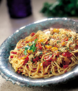 Spaghetti with Clams , Peppers and Bottarga